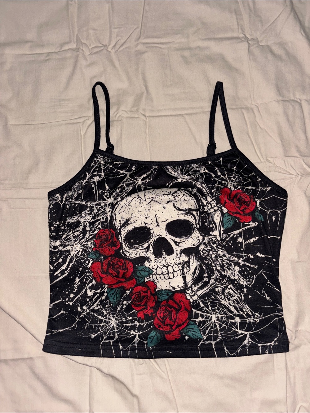 Black Skull & Red Rose Graphic Cami Tank Top - Women